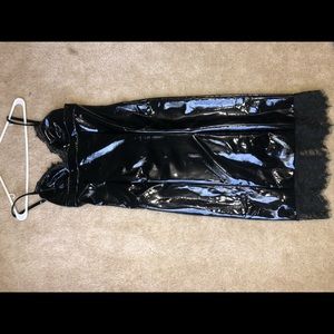 Black thin strapped Fitted Latex Dress with lace